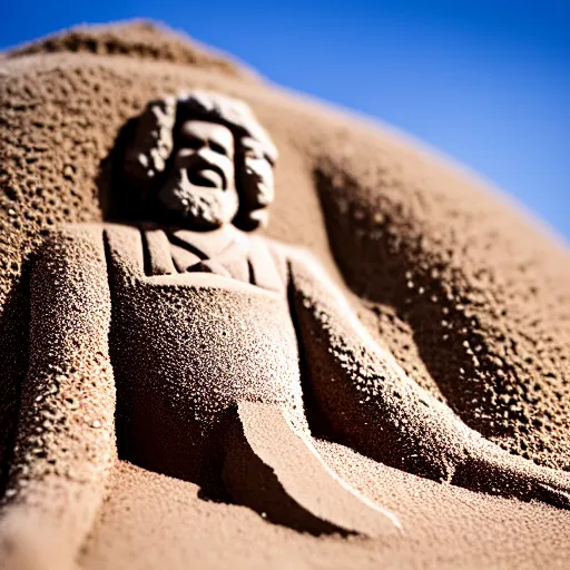 Image similar to sand sculpture of bob ross, highly detailed, photograph, 5 0 mm f 1. 4, bright sunlight