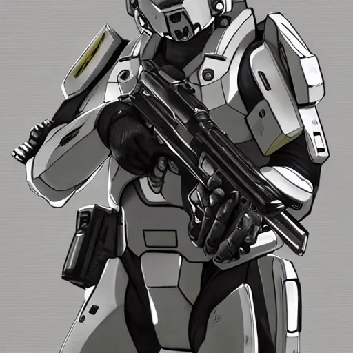 Image similar to orbital drop shock trooper, anime style, symmetrical facial features, front trading card, from halo universe, explosions, hyper realistic, pale skin, rule of thirds, extreme detail, 4 k, detailed drawing, trending artstation, realistic lighting, by alphonse mucha, greg rutkowski, sharp focus, backlit