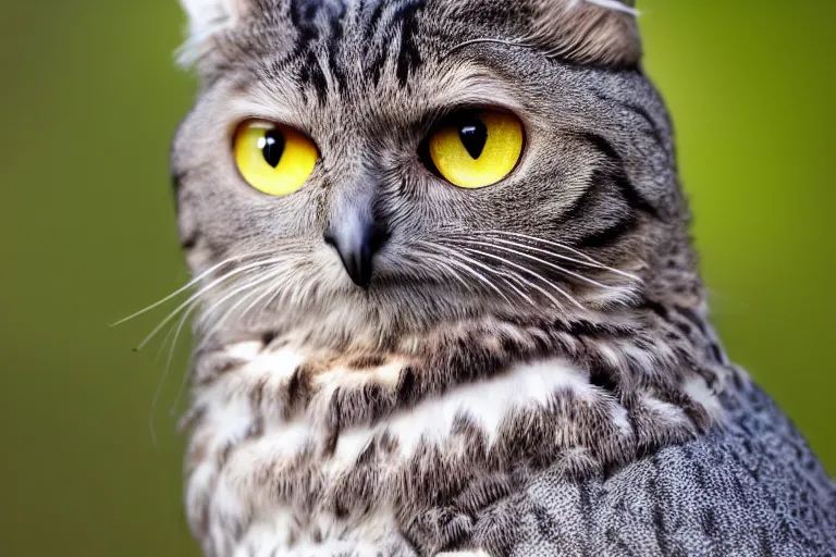 Image similar to a cat owl!!! hybrid! hyper realistic!! realistic lighting!! wildlife photographer of the year!!! bold natural colors, national geographic, hd, wide angle, 8 k