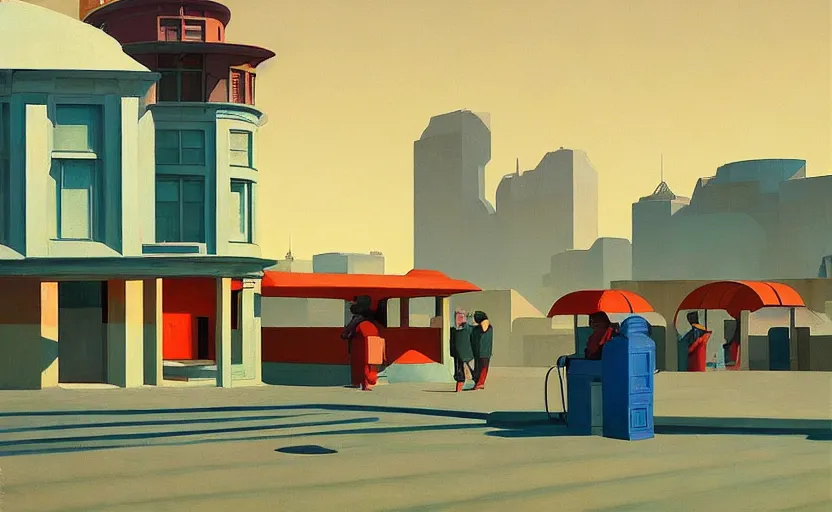 Prompt: Sowers and farmers in a Martian city built in 1930, very coherent, painted by Edward Hopper, painted by James Gilleard, airbrush, art by JamesJean