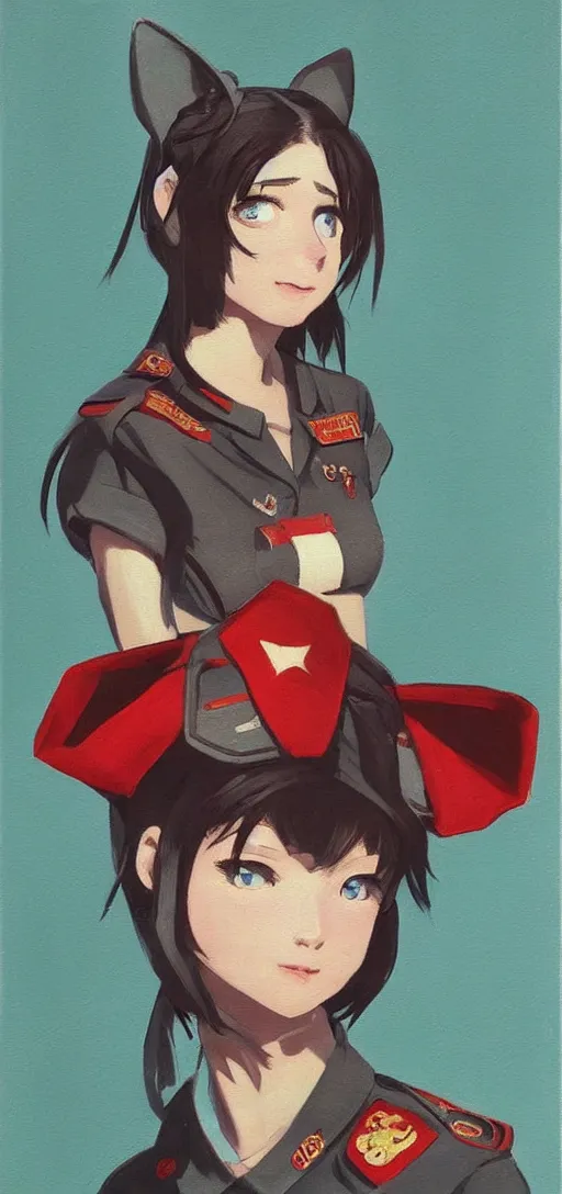 Image similar to oil paining of twentytwo year old female character with ( ( ( cat ears ) ) ) wearing soviet era uniform, wearing a tshirt with a face of karl marx on it, in the style of krenz cushart