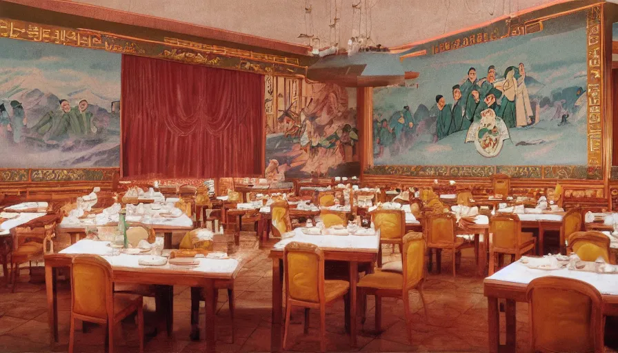 Prompt: 70s movie still of empty north-korean royal restaurant palace with propaganda fresco, post-stalinist style, eastmancolor, heavy grain, high quality, higly detailed