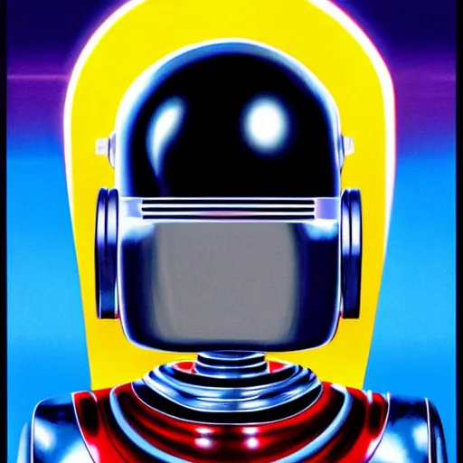 Prompt: airbrush illustration for omni magazine of a chrome robot head, illustration, airbrush, magazine cover, vivid, retro, grainy