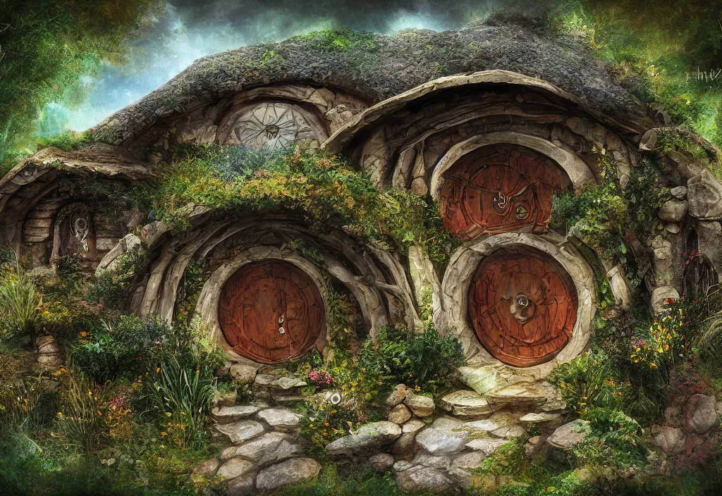 Image similar to the hobbit home, digital art, high detail