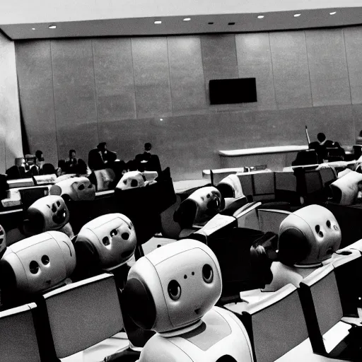 Prompt: robots at a UN meeting arguing if they should get rid of all humans or keep some as pets