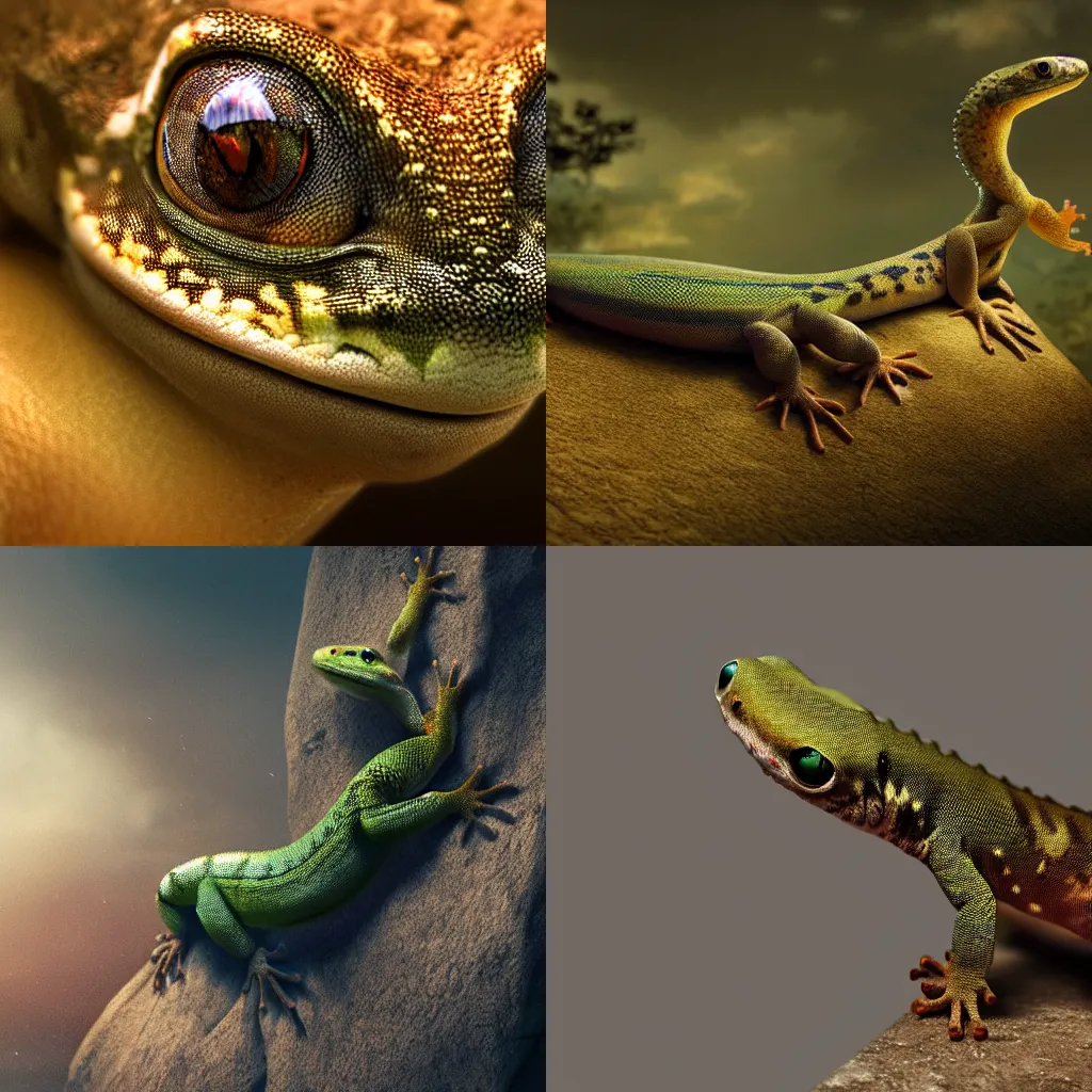 Prompt: animal art cute gecko, somber melancholic matte painting, hyperrealism, hyperrealistic, cinematic masterpiece, fantasy style 8 k ultrahd octane render