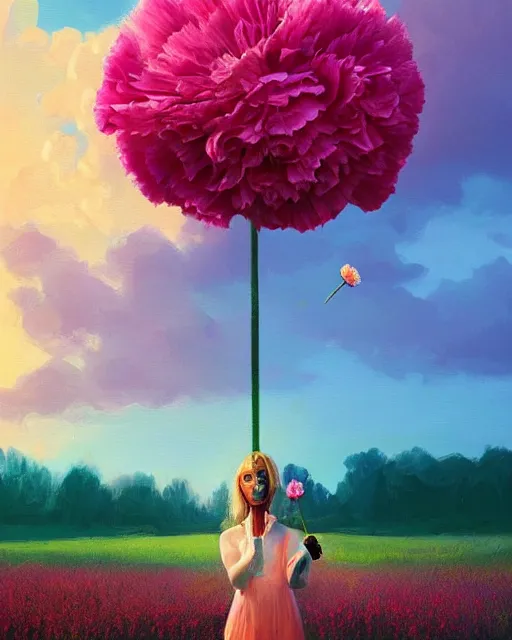 Prompt: girl with a giant carnation as face, surreal photography, flower field, sunset dramatic light, impressionist painting, colorful clouds, blue sky, digital painting, artstation, simon stalenhag