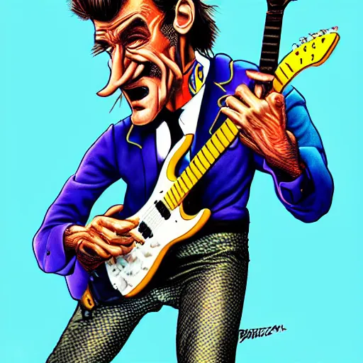 Image similar to Barry Chuckle Shredding on an electric guitar in the style of Jason Edmiston and Gary Panter