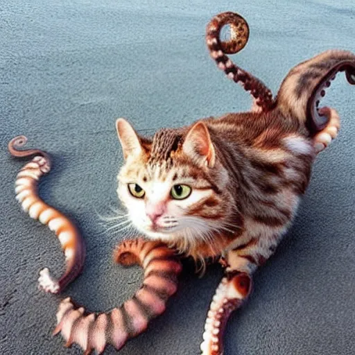 Image similar to a hybrid between a cat and an octopus, real photo, ultra realistic, picture of the day, incredible.