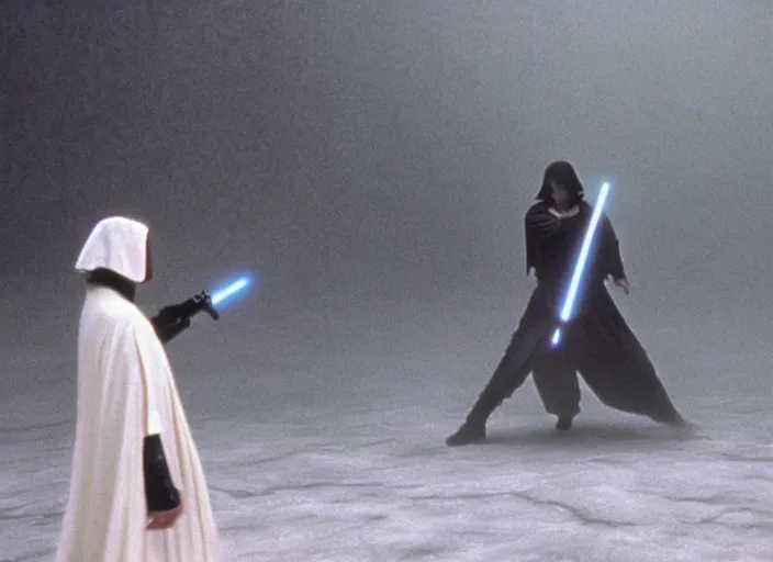 Prompt: epic still of Luke Skywalker using lightsaber against white robe female sith lord in foggy environment, approaching an ancient temple in the distance, iconic scene from the 1980s film directed by Stanley Kubrick, cinematic lighting, kodak film stock, strange, hyper real, stunning moody cinematography, with anamorphic lenses, crisp, detailed portrait, 4k image