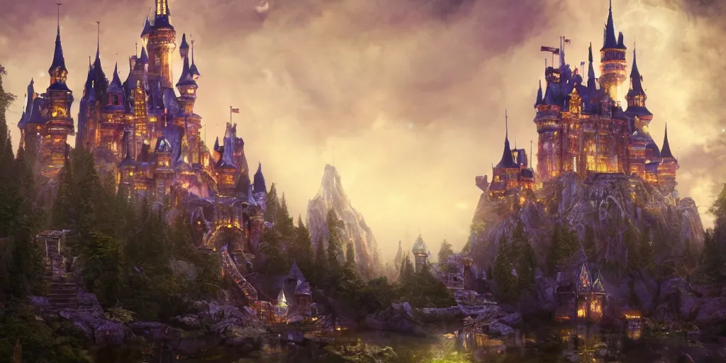 Image similar to a glittering fantasy castle at night with grand delicate walkways, extremely detailed oil painting, unreal 5 render, fantasy digital art, octane render, beautiful composition, trending on artstation, award-winning photograph, masterpiece