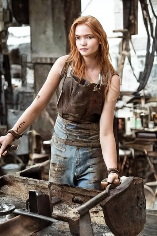 Image similar to female blacksmith, very burly. strawberry - blonde hair, many freckles. resembles natalia vodianova