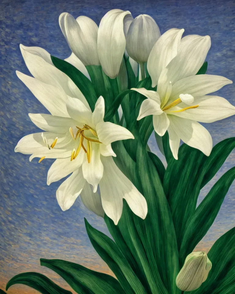 Image similar to achingly beautiful extreme close up painting of one white lily blossom by rene magritte, monet, and turner. piranesi. macro lens, symmetry, circular.