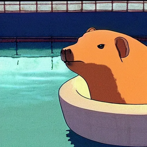 Image similar to the scene of a capybara chilling in a bathtub in the movie spirited away by studio ghibli