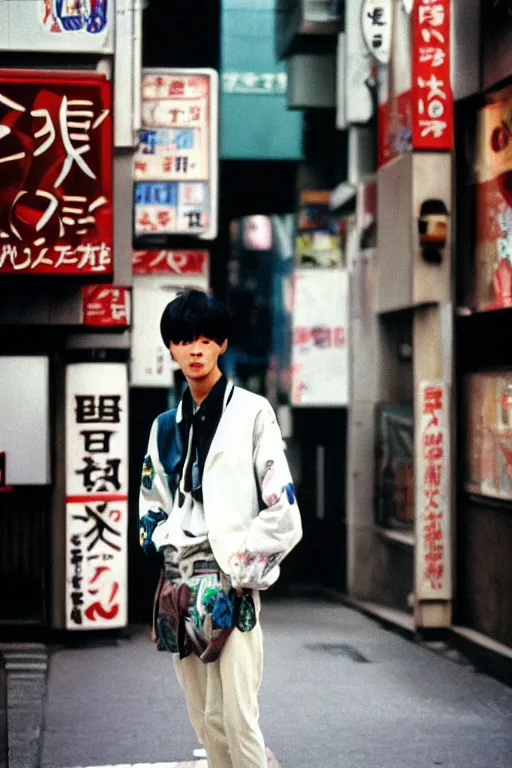 Image similar to street photography of a young japanese man in 9 0 s fashion, in tokyo shinjuku, shot on cinestill 5 0 d with a canon 3 5 mm at f / 5. 6 lens, haruto hoshi, yang seung - woo, saul leiter