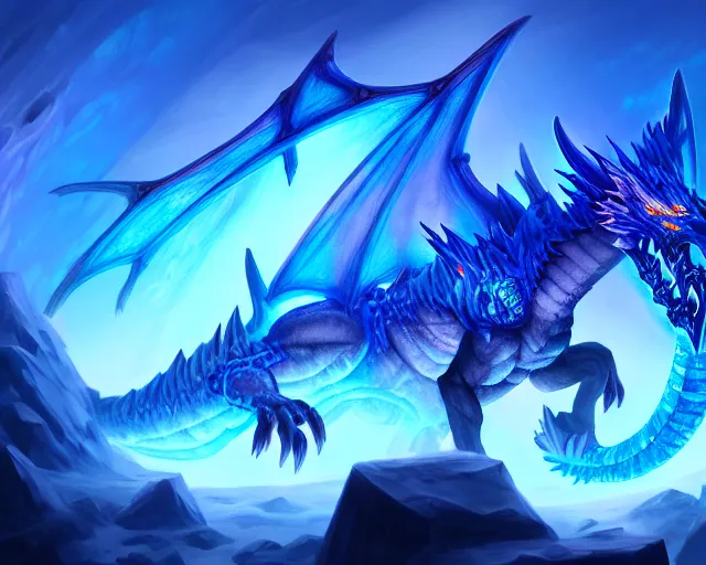 Prompt: Detailed illustration of a fire ice crystal dragon in a blue glowing ice cave, torches,, treasure chests, blizzard concept artists, world of warcraft, digital art, intricate, trending on artstation, deviantart, 8k, vibrant, high res