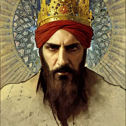 Prompt: the king of persia wearing a tin foil hat, sharp focus, illustration, art by greg rutkowski and alphonse mucha''