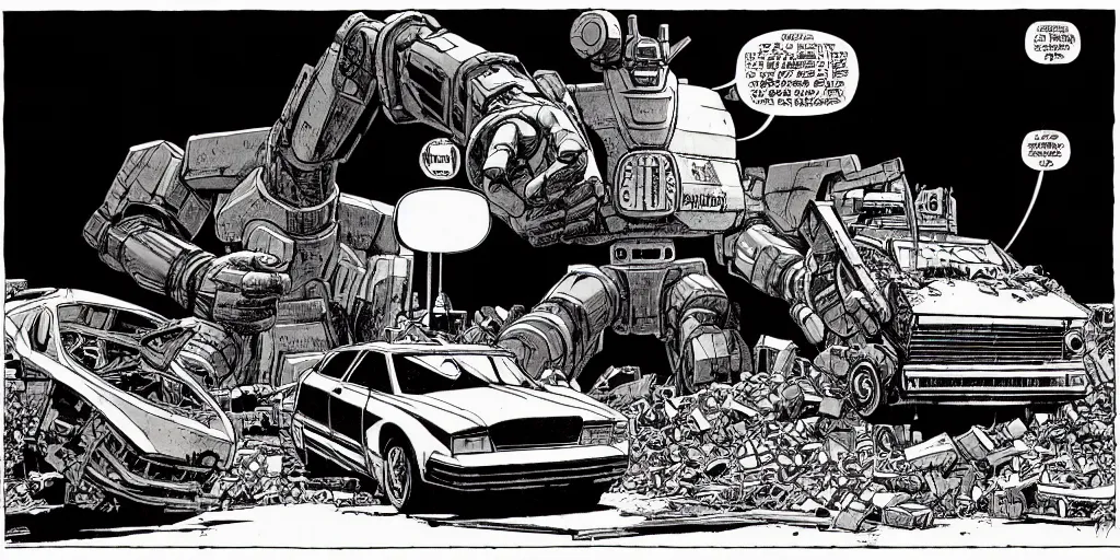 Image similar to Giant robot walking down a street while smoking giant blunt, a crushed car is under the foot of the giant robot by Richard Corben