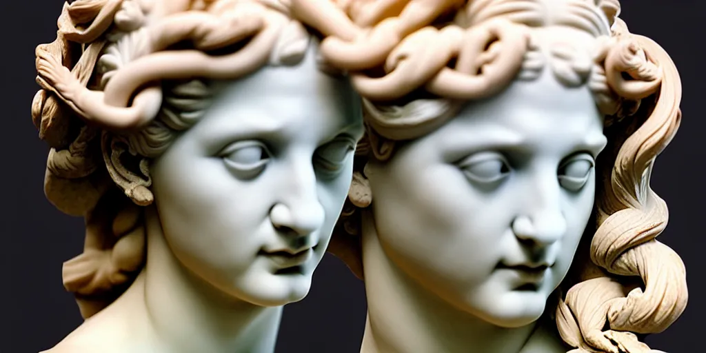 Image similar to greek sculpture, bust, flawless beauty, young woman as medusa