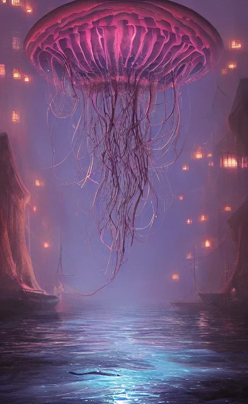 Image similar to glowing jellyfish immigration down a river, evocative, mystical night, detailed, award winning, masterpiece digital painting by Greg Rutkowski, Alex Grey, artstation, 4k wallpaper