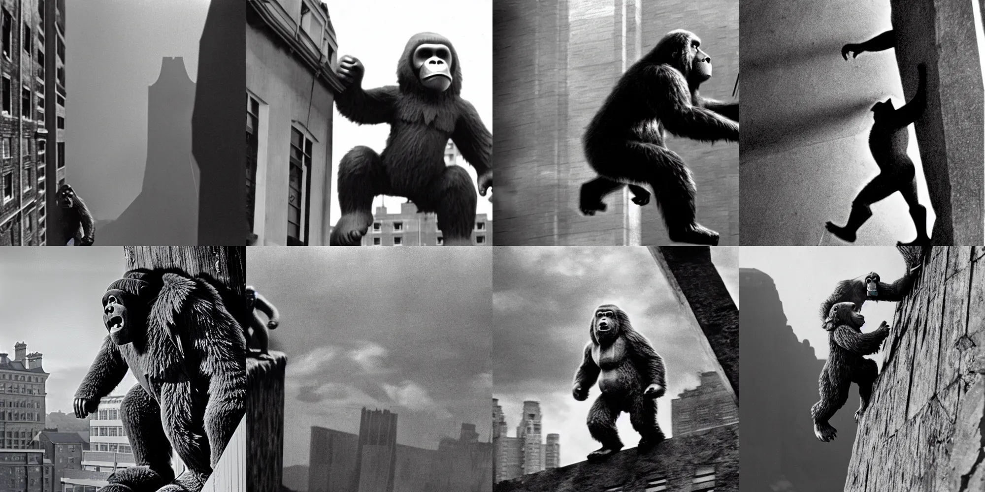 Prompt: a film still of giant paddington climbing a building as king kong, film grain, black and white photography