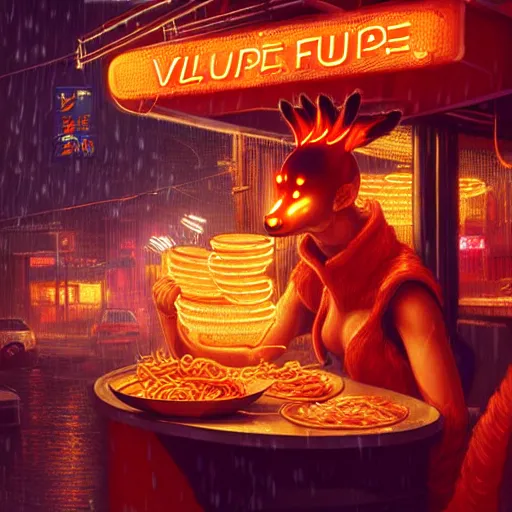 Prompt: illustration of an anthropomorphic vulpes vulpes fulva woman at a noodle stand eating ramen in the crowded street of a cyberpunk city, rain, harsh neon lighting, realistic, ultra detailed, by greg rutkowski, wlop, sakimichan, artgerm