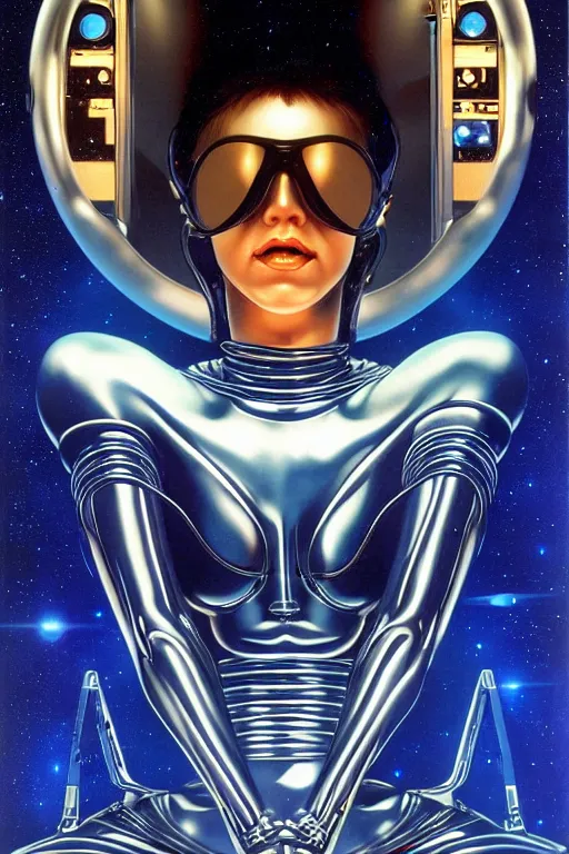 Image similar to space alien art by Hajime Sorayama and Artemisia Gentileschi, centered, symmetrical, led, blue lazers, bilateral symmetry, third person, 80s poster, sci fi, blade runner, kubrik, 2D matte illustration