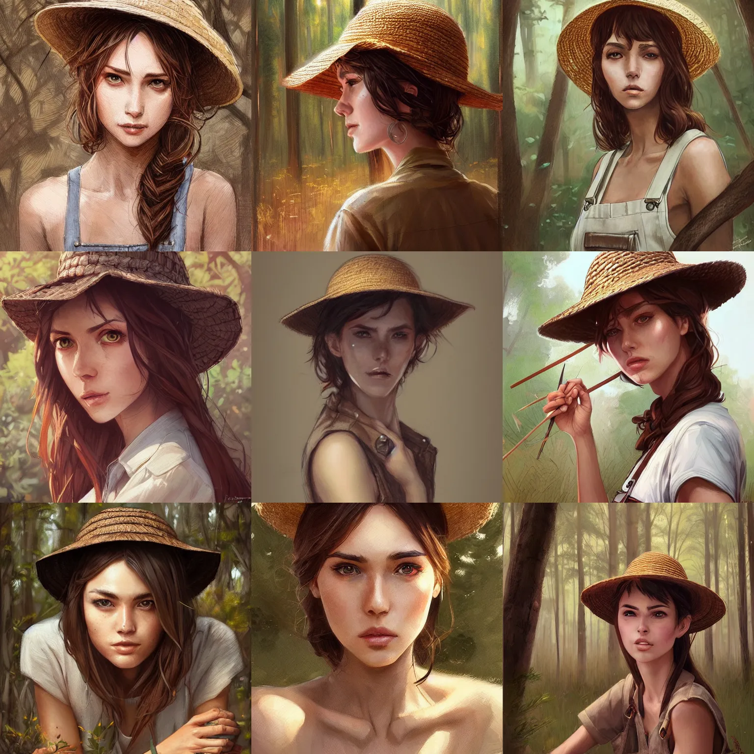 Prompt: woman, art by artgerm and greg rutkowski and magali villeneuve, overalls, straw hat, brown hair, forest background, portrait, highly detailed, digital painting, trending on artstation, concept art, sharp focus, illustration