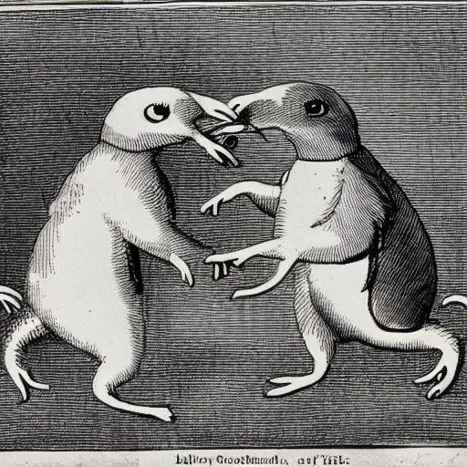 Image similar to 1800s field-journal style line art of two muskrats slow-dancing, very detailed