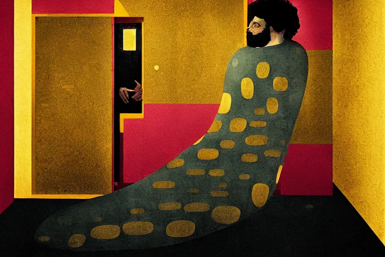 Prompt: editorial illustration by Karolis Strautniekas and Mads Berg imitating gustav klimt, colorful, jail cell,light rays, fine texture,detailed, muted colors,film noir, dramatic lighting, dynamic composition,moody, vivid, matte print