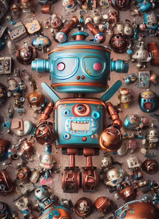 Image similar to closeup portrait of tin toy robot eating tin toy cakes, depth of field, zeiss lens, detailed, symmetrical, centered, fashion photoshoot, by nicoletta ceccoli, mark ryden, lostfish, breathtaking, 8 k resolution, extremely detailed, beautiful, establishing shot, artistic, hyperrealistic, octane render