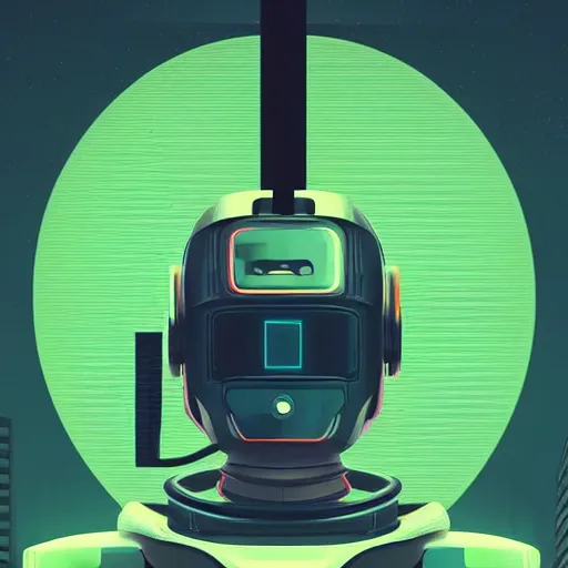 Image similar to a woman walking across a lush green field, a huge robot head in front of her, cyberpunk art by by james gilleard, cgsociety, retrofuturism, synthwave, retrowave, outrun