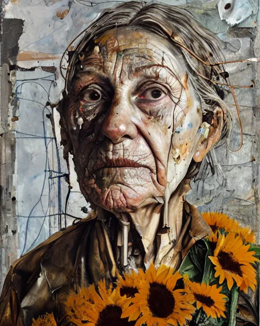 Image similar to a full length portrait of a very ordinary old woman with a blank expression, Anselm Kiefer and Lucian Freud and Jenny Saville, oil painting, rust, Scaffolding, rusted metal and sunflowers, iron cladding, decay, mixed media, textured, anatomically correct, beautiful perfect face, visible brushstrokes, sharp focus, Highly Detailed, Cinematic Lighting, 8k, HD