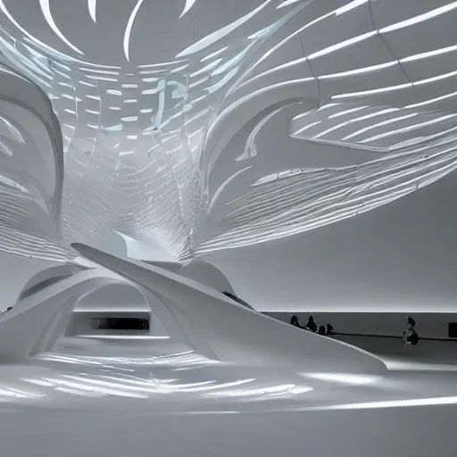 Image similar to stunning beautiful futuristic museum interior by Zaha Hadid, smooth curvilinear dragonfly wings pattern, pastel light gray dark gray, hyper real highly detailed