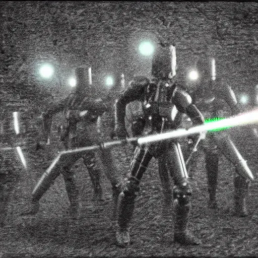Image similar to grainy 1800s photo of a cybernetic warriors killing civilians with laser weapons
