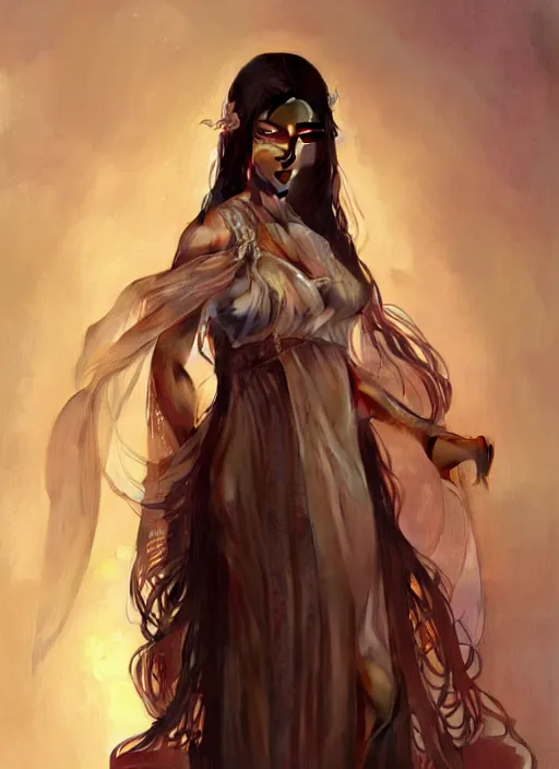 Image similar to cute brown woman wearing a transparent night gown and hanfu face veil, fantasy, intricate, highly detailed, digital painting, artstation, concept art, wallpaper, smooth, sharp focus, illustration, art by artgerm and greg rutkowski and alphonse mucha