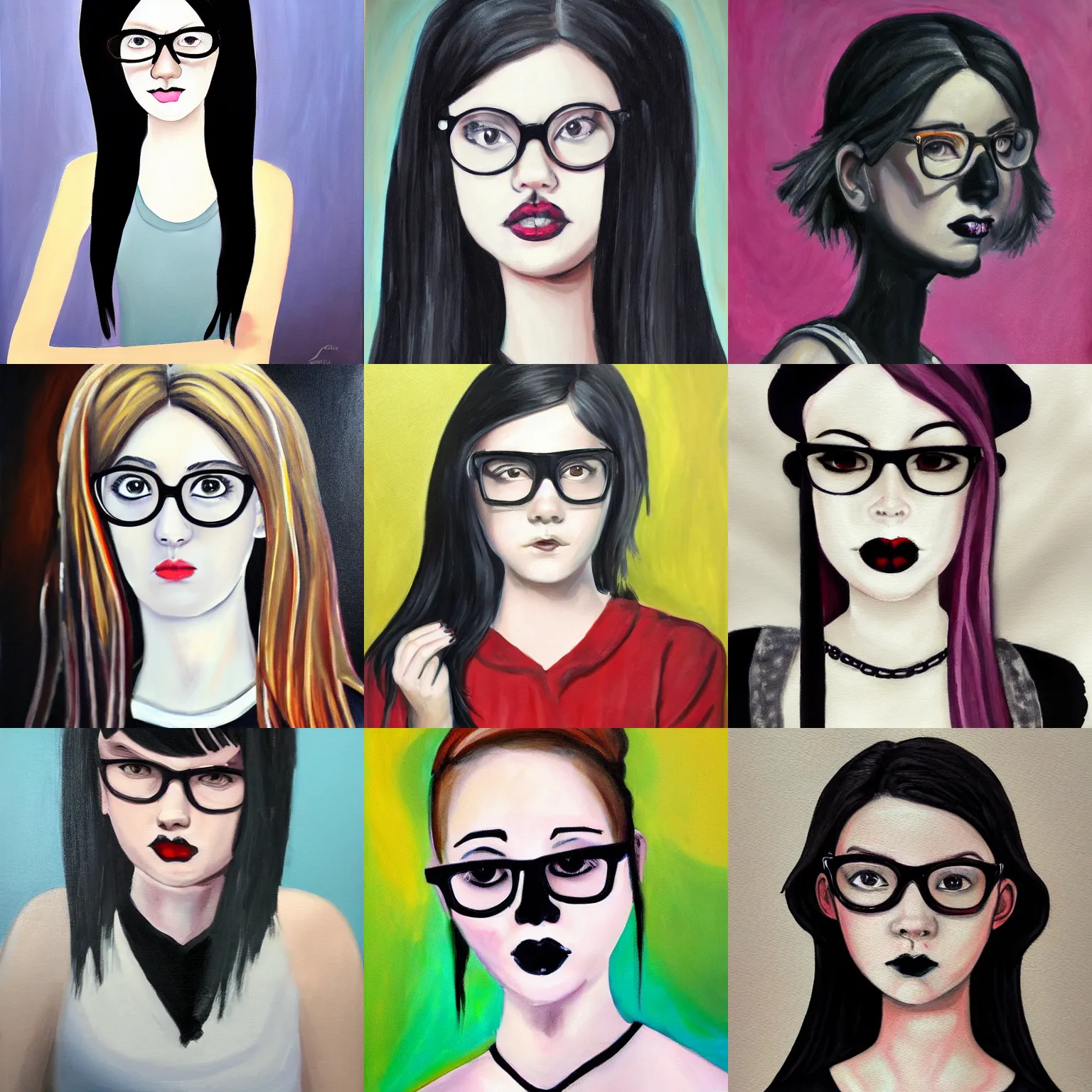 Prompt: painting portrait of a goth teenager girl with glasses