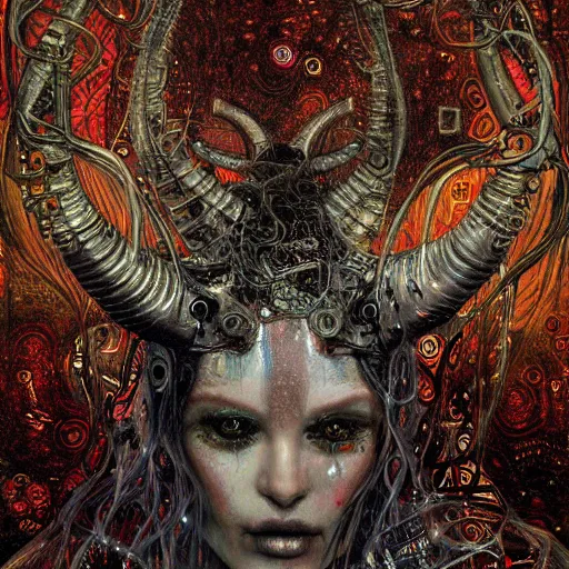 Image similar to horned cybernetic demon trapped in circuitry, intricate detail, klimt, royo, whealan,