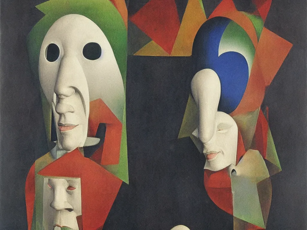 Image similar to Portrait of albino mystic, with beautiful geometric mask. Painting by Jan van Eyck, Rufino Tamayo, Rene Magritte, Agnes Pelton, Max Ernst, Walton Ford