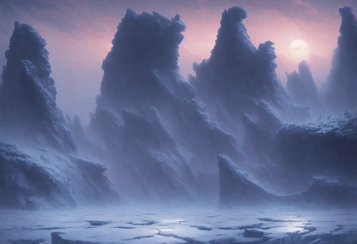 Prompt: strange surface of another frozen winter planet at sunset ruins of ancient civilization at sea, ultra high definition, ultra detailed, symmetry, fog, matte painting, by greg rutkowski and ross tran and wlop