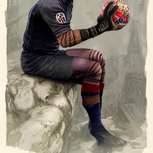 Image similar to Ter Stegen holding a bomb in his gloves, Barcelona and Germany goalkeeper, D&D, fantasy, intricate, elegant, highly detailed, digital painting, artstation, concept art, matte, sharp focus, illustration, art by Artgerm and Greg Rutkowski and Alphonse Mucha