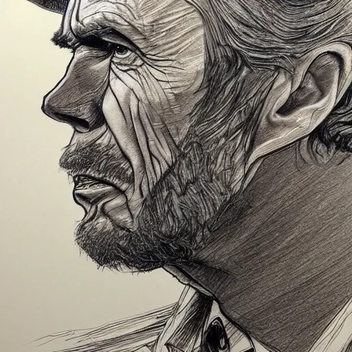 Prompt: a realistic yet scraggly portrait sketch of the side profile of a stern and sophisticated clint eastwood, trending on artstation, intricate details, in the style of frank auerbach, in the style of sergio aragones, in the style of martin ansin, in the style of david aja, in the style of mattias adolfsson