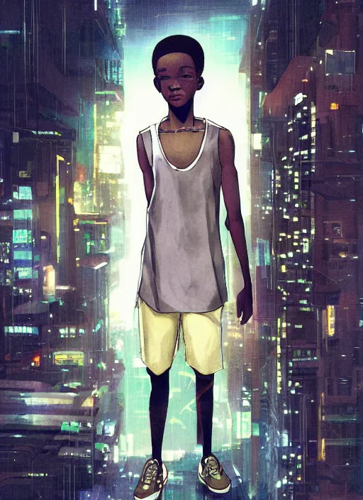 Image similar to bald african-american male teenager wearing a white tank-top, intricate cyberpunk city, emotional lighting, character illustration by tatsuki fujimoto