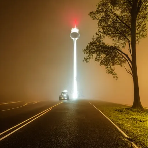 Image similar to television tower behind the trees at night with a man and car on the road in front with the fog, in the style of david lynch, movie camera low aperture