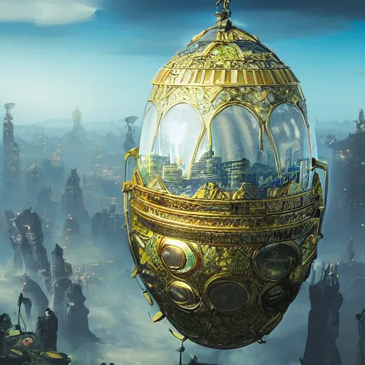 Image similar to enormous flying city in a gigantic faberge egg, sky, steampunk, flying islands, fantasy art, unreal engine,