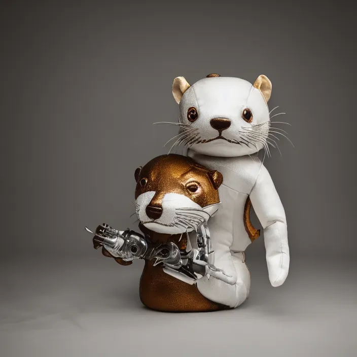 Prompt: hybrid plushy otter, photorealism, white detail plastic biomechanical with gold, copper, bronze, chrome by lee jeffries, erik johansson, supersampled, 8 k, beautify