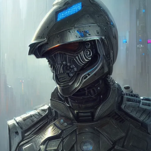 Prompt: realistic scifi cyberpunk knight, closeup portrait art by donato giancola and greg rutkowski, realistic face, digital art, trending on artstation, skull helmet, symmetry!!!