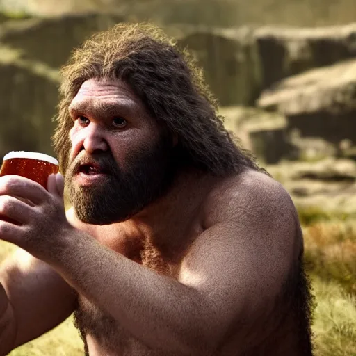 Prompt: photo of ancient caveman surprised to discover beer for the first time, high detail, ultra realistic, 4k UHD, pristine