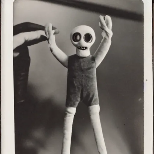 Image similar to 1 9 5 0 s, creepy puppet jumping towards viewer, horror, lost photograph, forgotten, final photo found before disaster, polaroid,