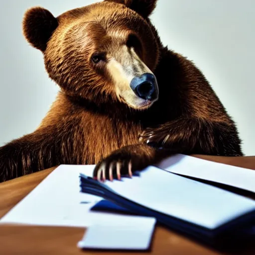 Prompt: tired bear at office, head leaning on paw with elbow on table, piles of paperwork